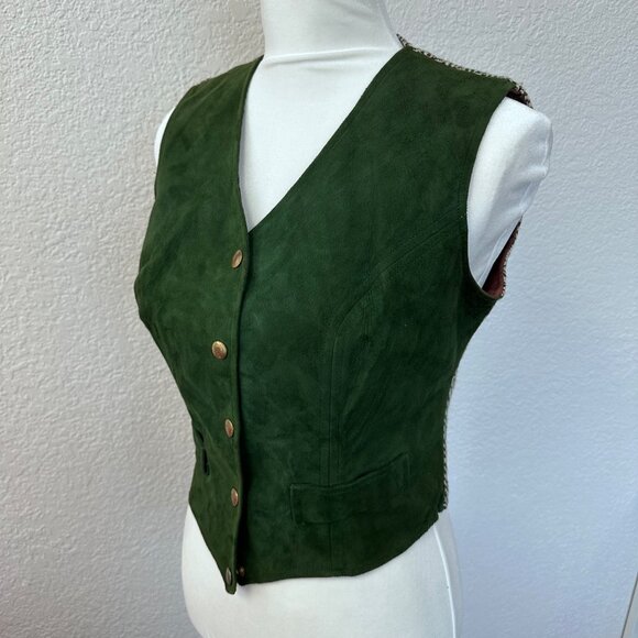 Country Set Vtg Suede Tweed Leather Vest Size 9 Green 60s 70s Festival Western - Picture 1 of 16